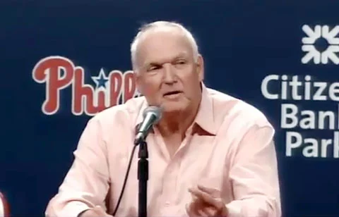 Photo shows Charlie Manuel speaking to the press after the Phillies fired him on August 16, 2013.