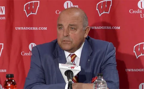  Photo shows University of Wisconsin athletic director, Barry Alvarez, speaking at college football playoff press conference in October 2013. 