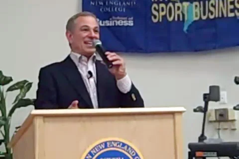 Photo shows former Mets & Red Sox, baseball manager, Bobby Valentine, Speaking in 2009 at Western New England College as part of the Center for International Sport Business "For the Love of the Games" speaker series.