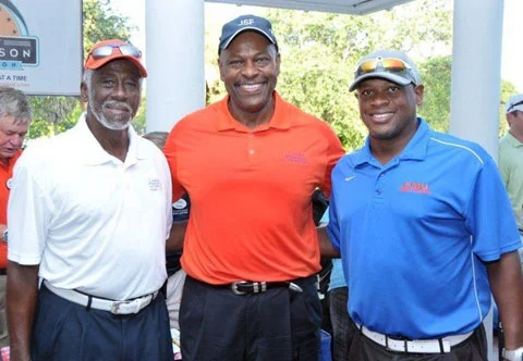 Photo shows Dwight Stephenson with friends at the 2014 FMU and Dwight Stephenson Golf Tournament.